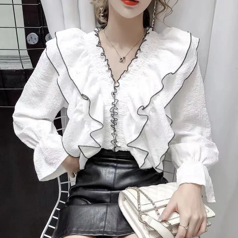 Vrouwen Effen Kleur Flare Lange Mouw Shirts Tops Meisjes Sweet Kleding Ruche Geplooide Chiffon Blouse Court Stijl Casual Shirt