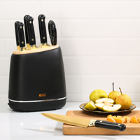Ensemble de 8 couteaux de chef en acier inoxydable avec lame dorée, couteau Santoku, couteau à trancher, couteau à pain, couteau utilitaire, ciseaux et bloc de rangement