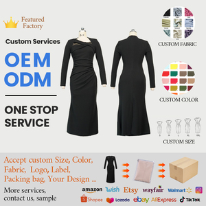 ZYHT 31323 Elegante <span class=keywords><strong>Abito</strong></span> <span class=keywords><strong>Midi</strong></span> Nero Intrecciato con Scollo Asimmetrico, Maniche Lunghe, Vita Arricciata, Silhouette Aderente, Vestito da Festa - Product Image 3