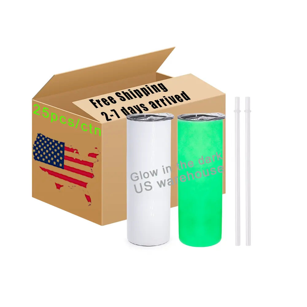 usa free shipping 20oz white to green luminous stainless steel straight sublimation glow in the dark skinny tumbler