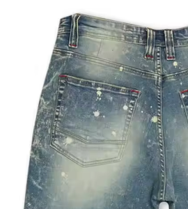 Pantalones Cortos de Mezclilla para Hombre, Estilo Distressed <span class=keywords><strong>con</strong></span> Salpicaduras de <span class=keywords><strong>Pintura</strong></span> Ecológica, Dobladillo Deshilachado, Algodón, a la Moda - Product Image 4