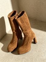 Bottes montantes à talon compensé et plateforme, bout pointu, fermeture éclair latérale, en velours kaki, résistantes à l'usure, pour femme, collection automne-hiver, OEM
