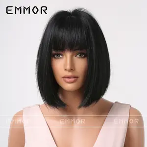 Wig rambut Bob sintetik pendek wanita, gaya rambut hitam untuk wanita