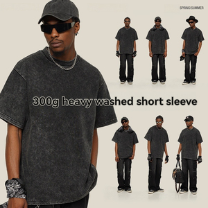 Camiseta Extra Grande de Algodón Lavado de 300G para Hombre, Corte Regular, Manga Corta, Cuello Redondo, Primavera Verano - Product Image 5