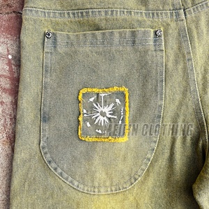 Distressing <b>Patch</b> Yellow Washed Denim Jorts Fit Baggy Jean <b>Shorts</b> With Pocket Custom Jean <b>Shorts</b> <b>Men</b> - Product Image 4