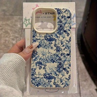 Coque de téléphone rétro en porcelaine bleue à motif floral pour iPhone 18 17 16 15 14 Pro Max, texture cuir souple mat, antichoc