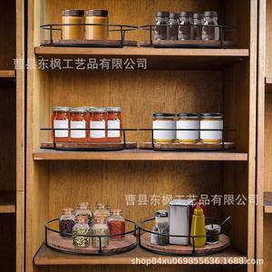 Round <b>Rotating</b> Wooden Storage Tray Iron Wood Kitchen <b>Spice</b> <b>Rack</b> Organizer 4-7 Compartments Standing Type Multifunction - Product Image 1