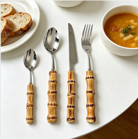 Ensemble de couverts en bambou naturel véritable fait main, poli miroir, acier inoxydable 430, pour hôtel de luxe et coffret cadeau écologique