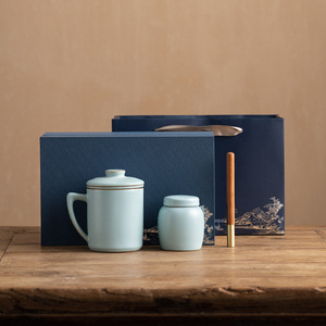 Juego de tazas de té de porcelana Tianqing Ru, taza de cerámica con cuchara, regalo de oficina para reuniones de negocios y festivales - Product Image 2