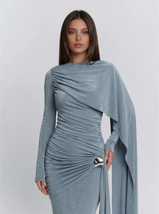 LEDUO ODM Elegant Luxury Ruched Long Sleeve Maxi Dress with Draped Cape Sleeve <b>Wedding</b> Party Abaya for Material - Product Image 3