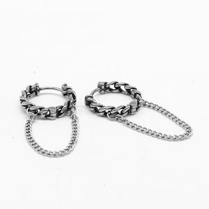 Pendientes de aro Huggie para hombre, de acero inoxidable 316L, impermeables, hipoalergénicos, con cadena cubana colgante, perforados, estilo vintage industrial, regalo - Product Image 5