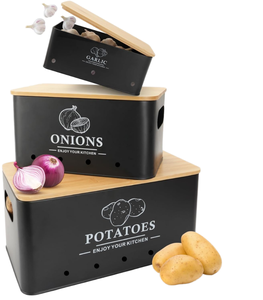 Ensemble de 3 boîtes de conservation de cuisine classiques noires avec couvercle métallique à trous d'aération pour la conservation de la fraîcheur des pommes de terre, des oignons et de l'ail - Product Image 1