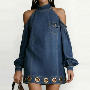 Mini Abiti Vintage in <span class=keywords><strong>Denim</strong></span> Naturale a Maniche Lunghe, Vestibilità Ampia, con Tasche Scavate, Tinta Unita, Eco-Friendly, con Spalle Scoperte e Dettagli a Giunzione - Product Image 1