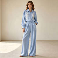 Ensemble 2 pièces décontracté pour femme, aspect lin, avec chemise à manches longues à col brodé en dentelle et pantalon ample à taille élastique et jambes larges