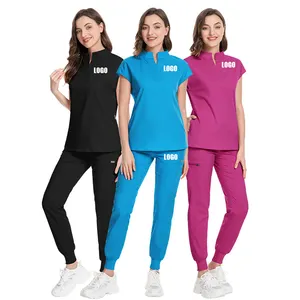 Conjuntos de uniformes hospitalares para enfermagem, uniformes de pescoço em V 2024, com bordado, spandex, esfoliante médico personalizado para homens e mulheres, conjuntos de uniformes