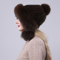 Bonnet d'hiver personnalisable pour femme en tricot de vison avec pompon en fourrure de renard, réglable, confortable, élégant, en peluche, avec logo en caoutchouc en relief
