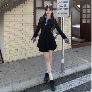 Women's Plaid Patchwork Polo Collar Dress Long Sleeve Elastic Waist Solid Color Casual Daily Wear Black And Red - Product Image 4