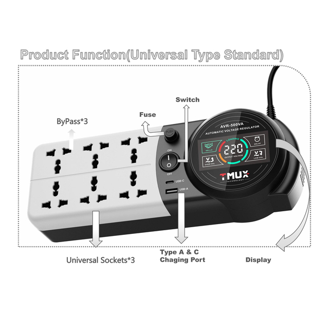 Relay Model Automatic Voltage Regulator 1000VA Single Phase with Bypass and Stabilizer Sockets Customizable Outlet