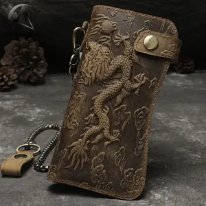 Andong Vintage Dragon Tiger Embossed Long Wallet Purse for Men Anti-theft Wallet Crazy Horse Leather Man with Key Ring Chain