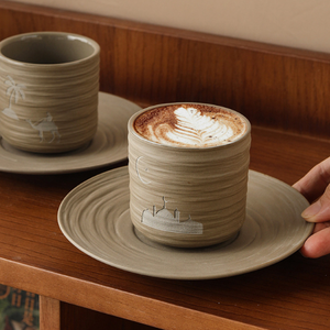 ถ้วยกาแฟสโตนแวร์สุดสร้างสรรค์ถ้วยเอสเพรสโซ่เซรามิกลายอูฐแกะสลักด้วยมือถ้วยมัทฉะเซรามิกสำหรับใช้บนโต๊ะอาหารในแต่ละวัน - Product Image 1