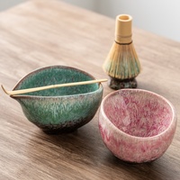 Grand ensemble de bols à matcha en porcelaine à double paroi, cuits au four, motif pastoral, style Dynastie Song, avec brosse à thé et tasse pour le mélange du matcha