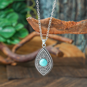 Ensemble de bijoux vintage en argent tibétain, collier et boucles d'oreilles en turquoise en forme de goutte d'eau pour femmes, mode de fête - Product Image 4