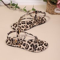 Sandalias Planas con Tira en T y Estampado de Leopardo, Correa Elástica en el Tobillo, Hebilla Metálica Dorada, Verano 2026, Estilo Salvaje Chic Y2K, para Fiesta y Playa, OEM