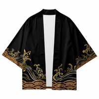 Cardigan Kimono Oversize Unisexe Motif Vague Ukiyo-e Haori Japonais Manches 3/4 Tendance Imprimé 3D Cache-maillot de Plage