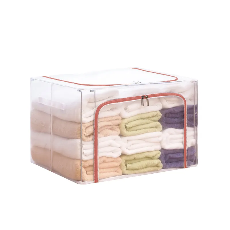 Caja de almacenamiento plegable transparente de hilo de red de 66L/100L, marco de acero, caja de almacenamiento de tela impermeable para ropa de edredón