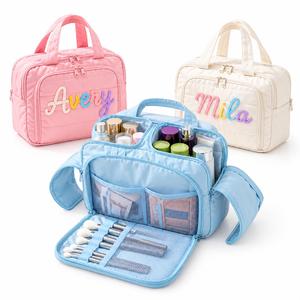 Personalized Quilted Toiletry Bag with Custom 3D Embroidery Name, Quilted Travel Cosmetic Pouch, Bridesmaid Proposal Gift - Product Image 1