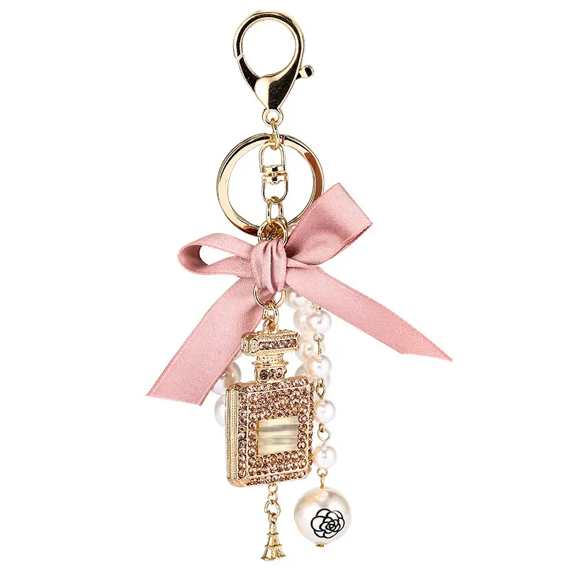 Perfume Bottle Diamond Keychain Bow-Knot Pearl Beads Handbag Personalized Keyring for Women Purse Wallet Girls Car Key Ring