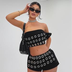 ชุดเข้าเซ็ตสไตล์โกธิคพังก์ บราเล็ตต์ผูกเชือกและกางเกงขาสั้น แต่งตาไก่ ดีไซน์เว้าสุดเอ็กซ์ - Product Image 2