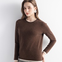 Pull en cachemire tricoté à col rond pour femme, ensemble deux pièces en maille, pull à manches longues avec col et poignets côtelés contrastants