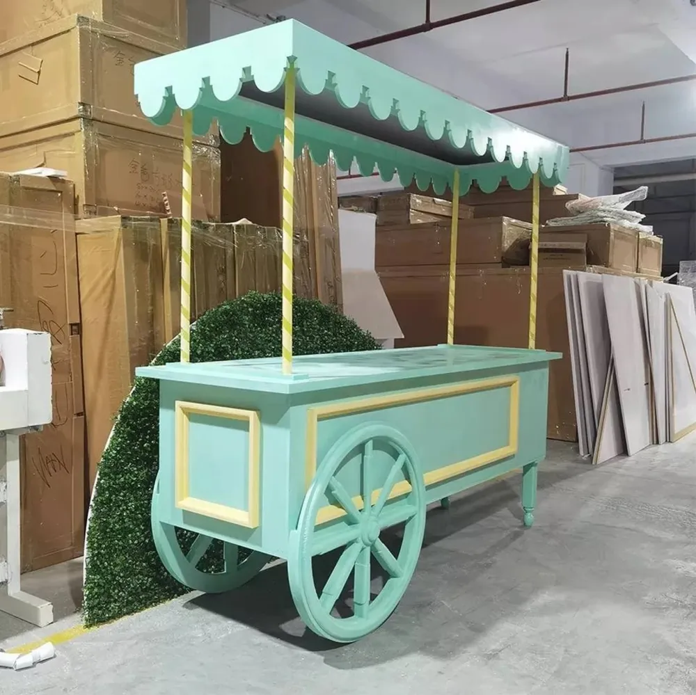 Acrílico plegable para la venta de exhibición de caramelo verde con ruedas carrito de fiesta