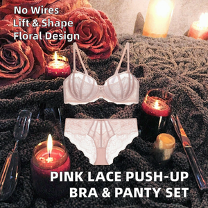 Soutien-gorge trois quarts en dentelle rose pour femme, style français, sans armatures, bretelles réglables, respirant, et culotte taille moyenne respirante - Product Image 2