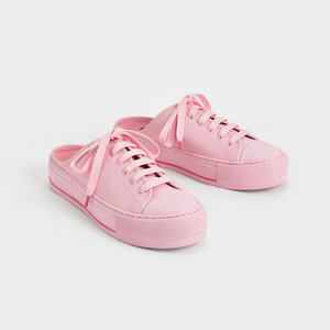 Zapatillas deportivas tipo mule rosas con plataforma para mujer, con cordones, sin espalda, con suela gruesa, informales, para uso diario en la calle. - Product Image 4