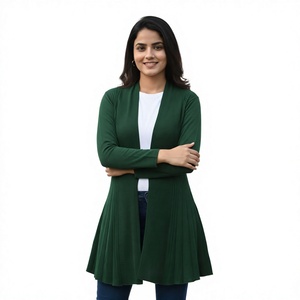Winter Woolen Long <b>Knitted</b> <b>Shrug</b>-Bottle Green with Print Patchwork & Lace - Product Image 1