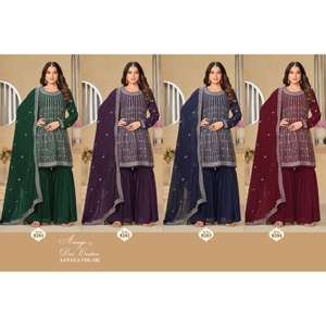 Conjunto de traje de alta calidad completamente cosido 2,3 M Faux Georgette Plazzo elegancia de invierno bordado hecho a mano Dupatta para Indio - Product Image 3