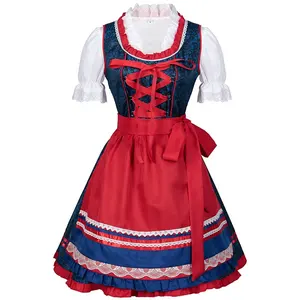 Women Medieval Maid Costume Lace Up German Oktoberfest Dirndl Dress Apron Short Sleeve Cosplay Party Dress M-5XL plus size
