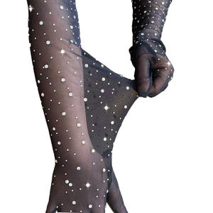Gants longs extensibles en résille avec strass pour femmes, gants en maille ultra-mince avec doigt complet, mitaines de costume de fête exotiques. - Product Image 5