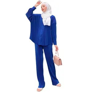 공장 가격 겸손한 2 개 세트 패션 세트 주름 디자인 말레이시아 인도네시아 이슬람 여성 abaya 이슬람 여성 의류