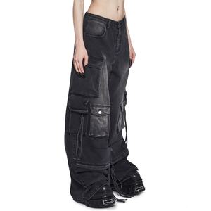 Pantalon cargo en jean noir ample et déchiré pour femme, style streetwear, avec franges, design personnalisé, 100 % coton, coupe baggy - Product Image 3