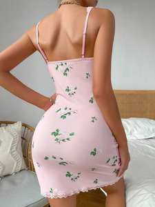 Camicia da notte floreale stampata a costine <span class=keywords><strong>Sexy</strong></span> all'ingrosso con bretelle aderente all'anca in pizzo da donna biancheria intima aderente - Product Image 6