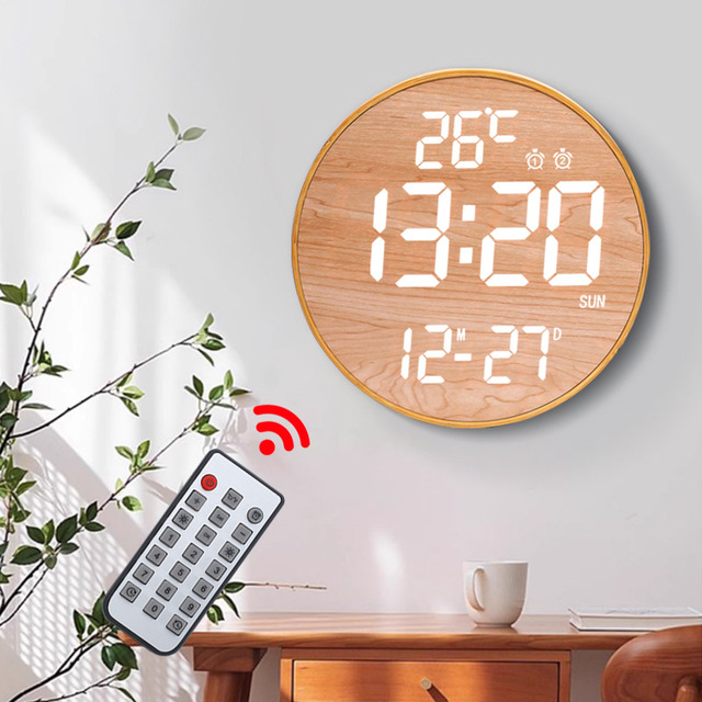 LED Large Display Calendar Wall Clocks Reloj De Pared Home Decor Modern Temperature Alarm Clock Wooden Digital Wall Clock