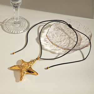 Starfish Pendant Necklace Stainless Steel Gold Plated Black Waxed <b>Rope</b> <b>Chain</b> Geometric Design Fashion Jewelry - Product Image 4
