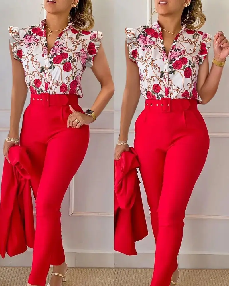 2023New Fashion Printed Lotus Leaf Sleeve V-neck Blouse Top Solid Color Pants Set With Belt