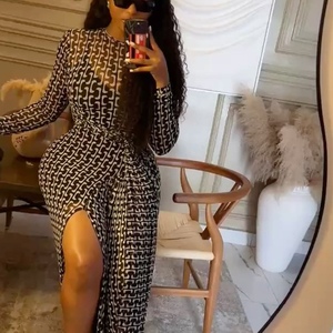 Vestido Elegante con Abertura, Detalles Transparentes, Cintura Ajustada, Cuello Alto Estampado y Mangas Largas - Product Image 3