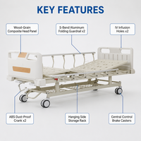 Lit médical manuel multifonctionnel avec panneau imitation bois, barrière de sécurité en S, commande centrale, roulettes et levage du dossier par genouillère, pour hôpital, OEM