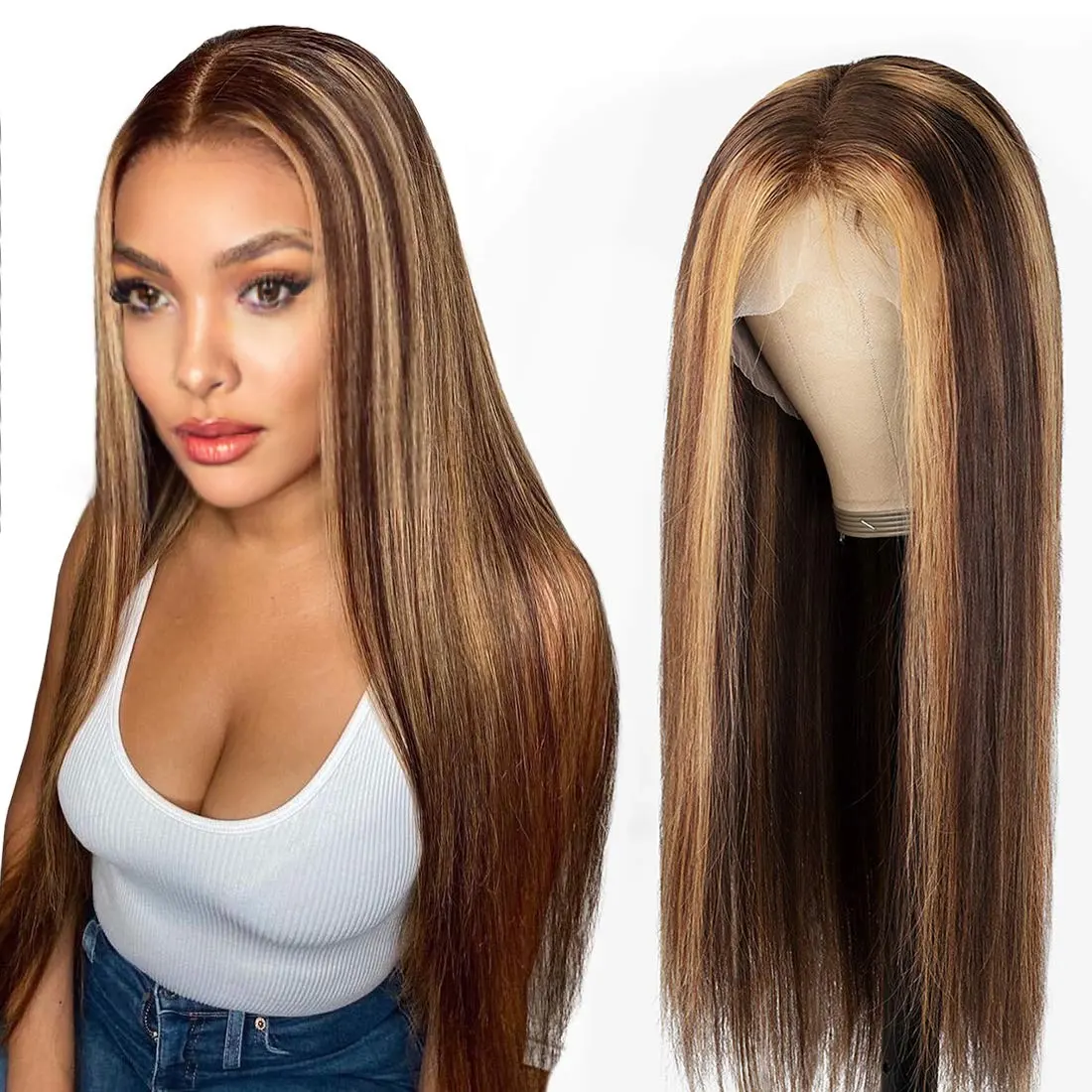 Ombre Highlight Lace Front Echthaar Perücke Braun Blond Mischfarbe, Brasilia nisches Remy Glattes Haar 13x4 Lace Frontal Perücke