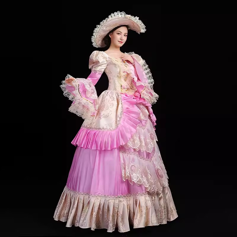 Elegant Pink Green Floral Renaissance Victorian Party Dress